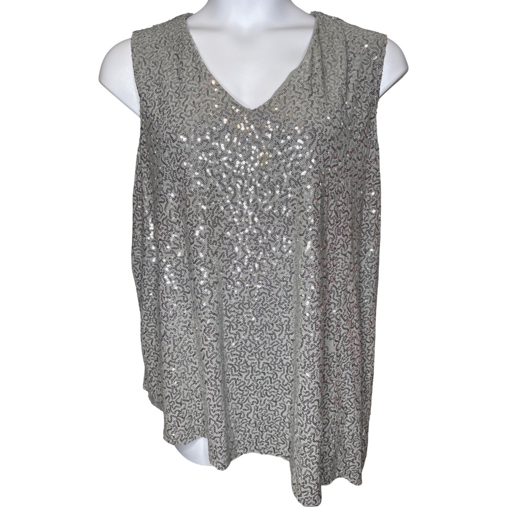 Attitudes by Renee Womens Silver Sequin Tank Top 3X Sparkly Disco Glam Festive